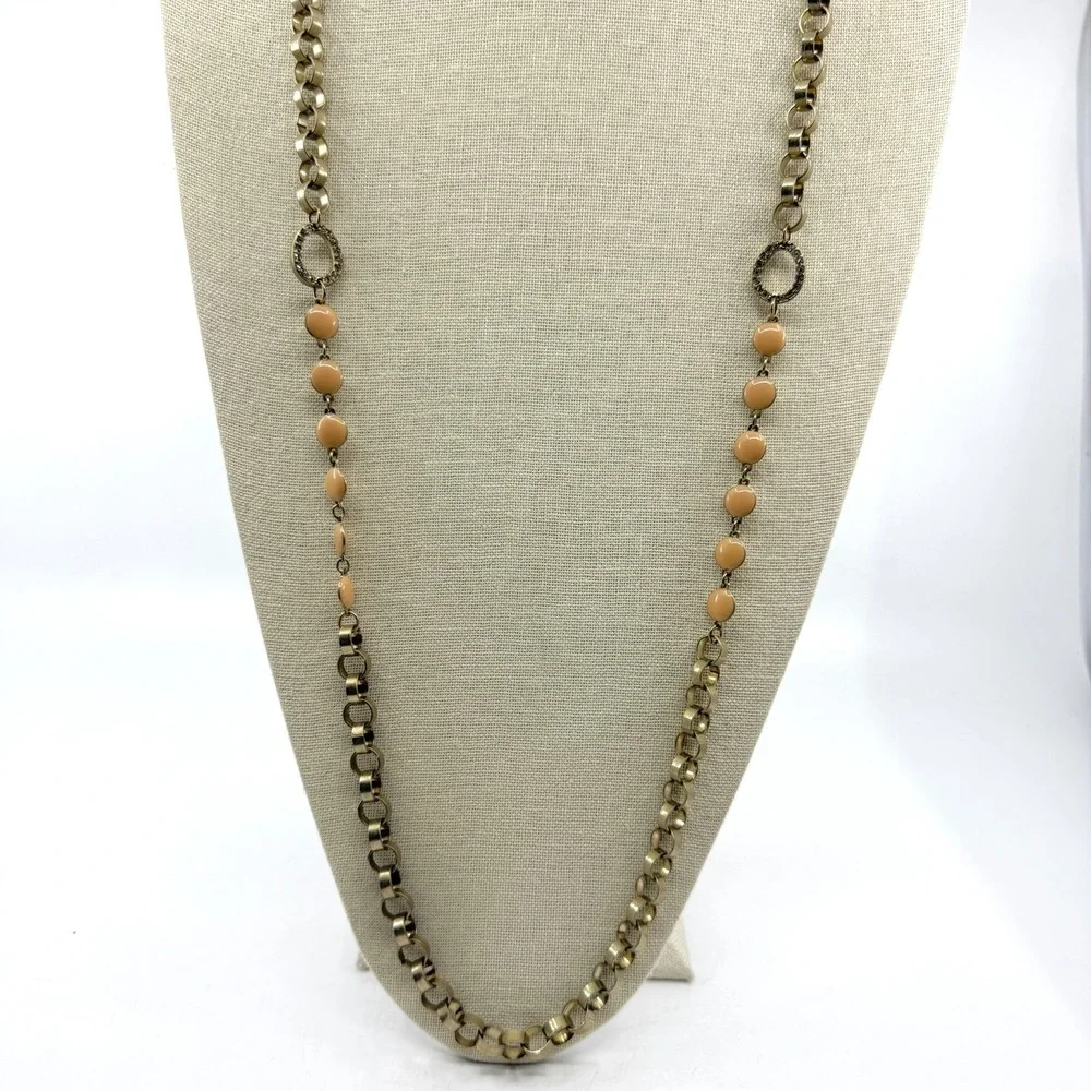 Antique Gold Tone Peach Enamel Rhinestone Long Chain Necklace Boho Statement